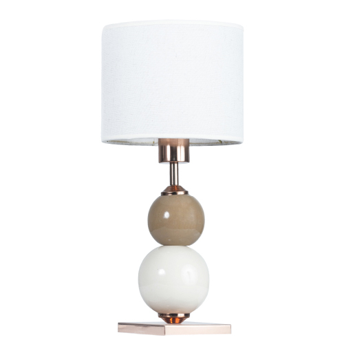 Velador cobre con globos natural y beige de 8x15cm con pantalla de seda natural